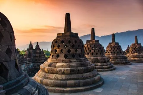 Sunrise Landscape of Buddhist temple complex Borobudur, Yogyakarta, Jawa, Stock Photos