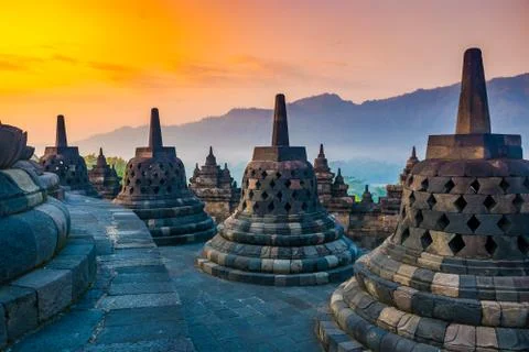 Sunrise Landscape of Buddhist temple complex Borobudur, Yogyakarta, Jawa, Stock Photos