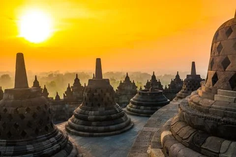 Sunrise Landscape of Buddhist temple complex Borobudur, Yogyakarta, Jawa, Stock Photos