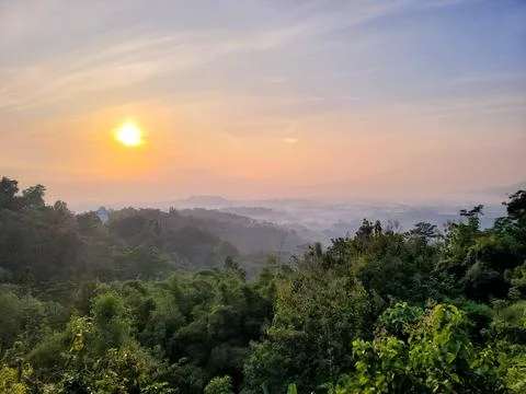 Sunrise landscape of Java with Borobudur temple far away, Indonesia Fotos de archivo