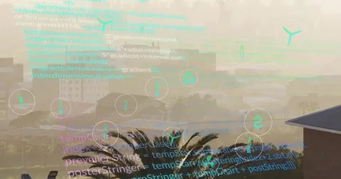 Sunrise lighting causing AR overlay fading green icons visualizing energy data Видео 312828998