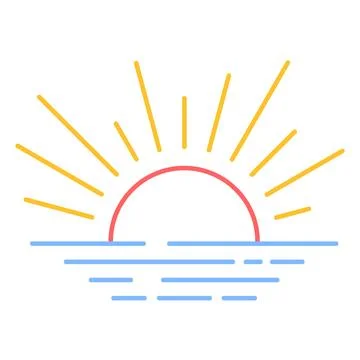 Sunrise line icon vector illustration colorful minimal sunset over sea water Stock Illustration