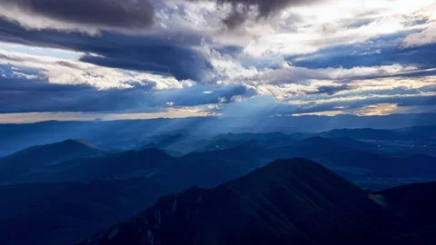 Sunrise in Magic Mountains With Rays Of Sun Paint Nature Landscape , timelapse Video stock 293778269
