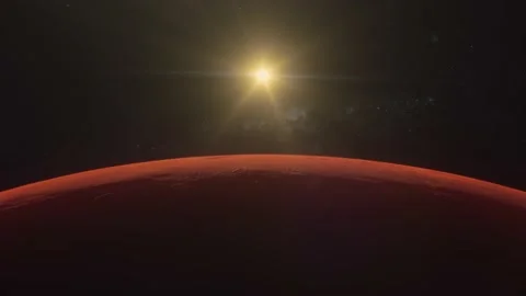 Sunrise on Mars. View from space. Realistic surface of Mars. Bright shine over Stock Footage 168441808