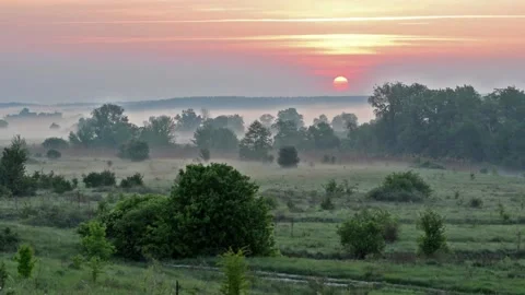Sunrise on meadow in valley Stock Footage 91056754