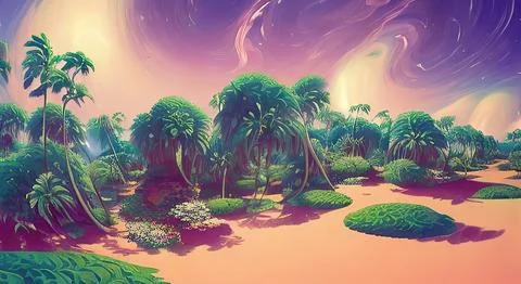 Sunrise morning inside fantasy forest paintinr illustration. Beautiful daylig Иллюстрация