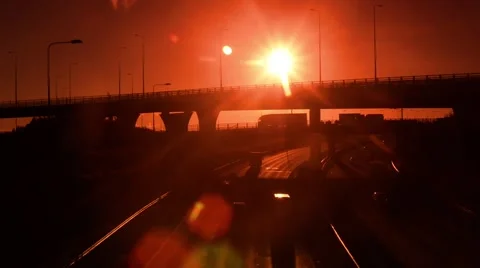 Sunrise at motorway interchange linking the A1/M and M62 uk Stock Footage 48137271