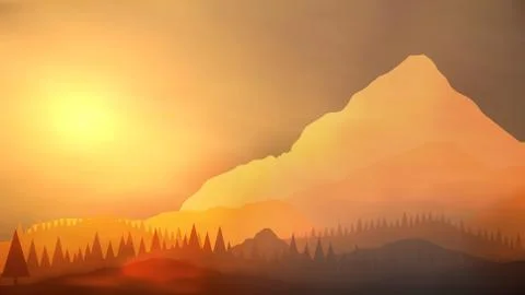 Sunrise Mountain with Pine Forest Landscape - Vector Illustration Stock Illustration
