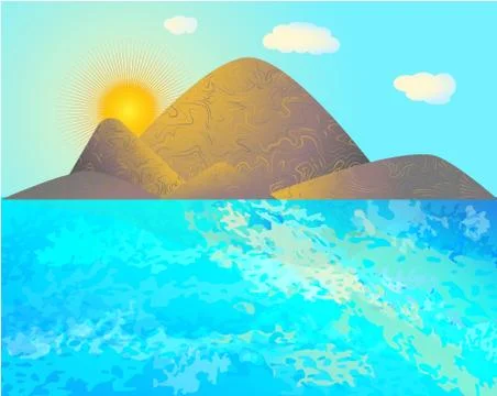 Sunrise in the mountains on the beach. Vector background Stock Illustration