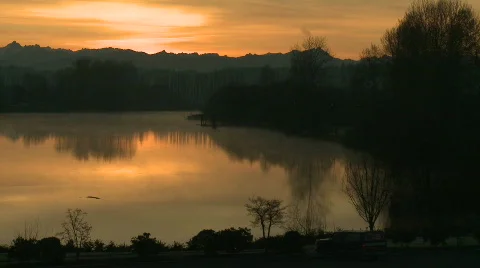 Sunrise with mountains, river Video stock 685227