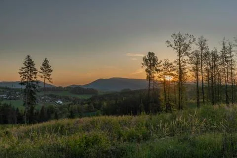 Sunrise near Vidce village in Beskydy mountains in spring sunrise morning Stock Photos