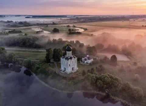 Sunrise on the Nerl River , top view of the Church of the Intercession Stock Photos