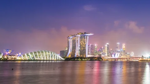 Sunrise Night to Day Singapore Cityscape 4K Time Lapse (pan shot) Stock Footage 99388853