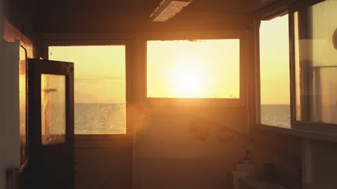 Sunrise from the open deck cabin of ferry cruise ship Stock Footage 94193453