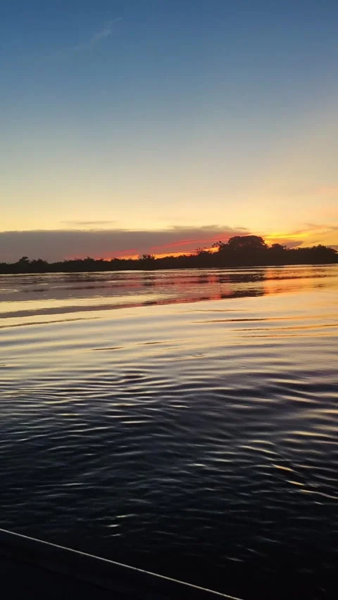 Sunrise or sunset over Cuiabá River in Pantanal, seen from a boat Stock Footage 310208607
