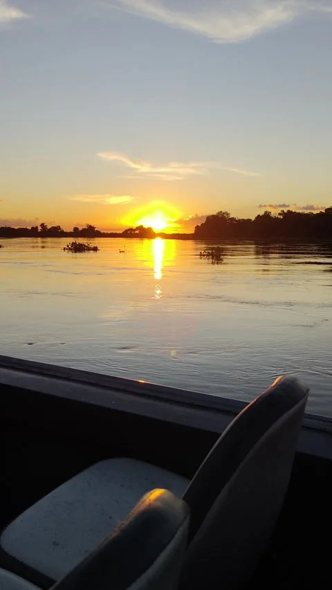 Sunrise or sunset over Cuiabá River in Pantanal, seen from a boat Stock Footage 310208646