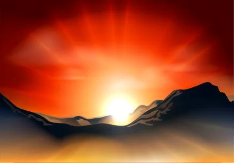 Sunrise or sunset over a mountain range Stock Illustration