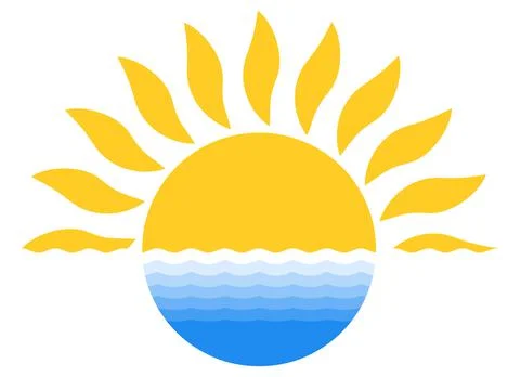 Sunrise or Sunset vector symbol with water on a white isolated background. Stock Illustration