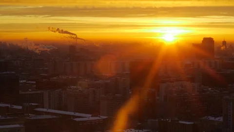 Sunrise over the city Aerial view of Moscow silhouettes of buildings Rising sun Stock Footage 123140341