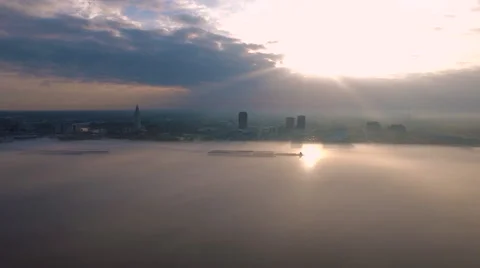 Sunrise over city skyline across the Mississippi River, Baton Rouge, LA, Aerial Stock-Footage 53371053