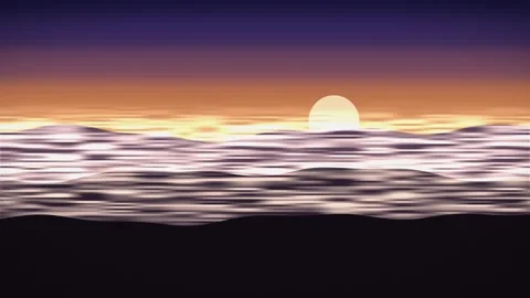 Sunrise over digital ocean waves. 2d animation Stock-Footage 344875369