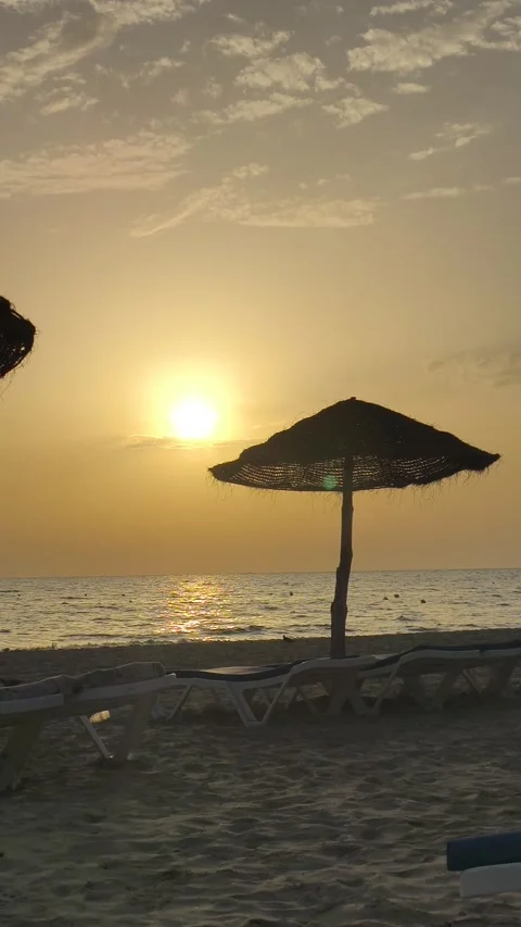 Sunrise Over Djerba Beach with Beach Umbrellas Stock-Footage 342786342
