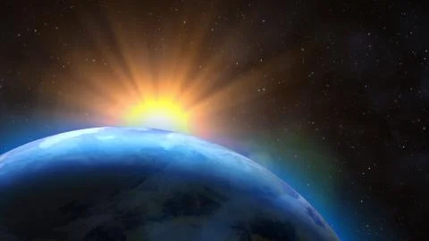 Sunrise over the Earth. Imaginary view of planet earth in outer space with .. Stock Photos
