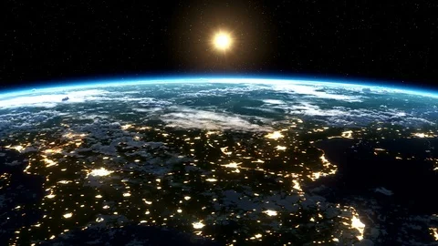 Sunrise over the Earth. Satellite view of Europe. Cities at night. Stock Footage