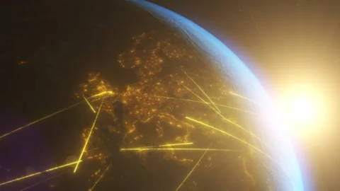 Sunrise over Earth from space highlighting Europe, vibrant golden lines Stock Footage 281599995