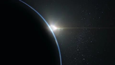 Sunrise over the Earth. View from space. The horizon is turned to the right. The 스톡 동영상 136968930