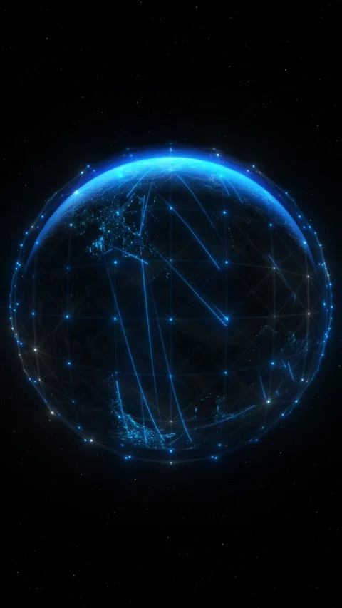 Sunrise over Earth viewed from space, golden rays illuminating blue network Stock Footage 284339492