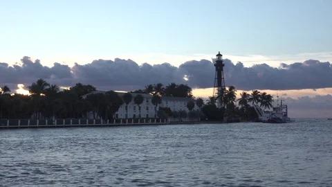 Sunrise over Florida Pompano Beach Lighthouse Timelapse with Boats Stock Footage 85027304
