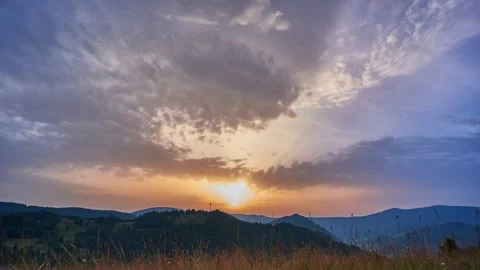Sunrise over the forest, thick algae clouds, grass blowing in the wind Video stock 169973074