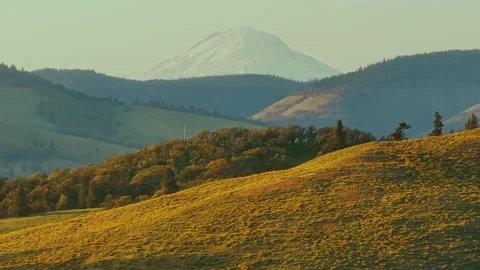 Sunrise Over Green Fields with Snow-Capped Mountain in the Distance Stock Footage 315098570