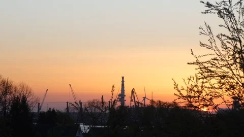 Sunrise over the harbor and flying birds Stock Footage 106583126