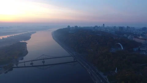 Sunrise over the hills of the Dnieper in Kyiv Stock Footage 228215053