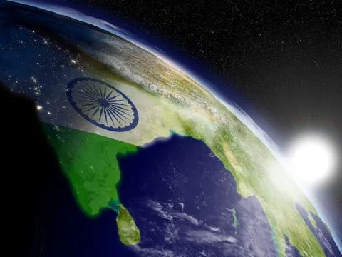 Sunrise over india with flag 스톡 일러스트