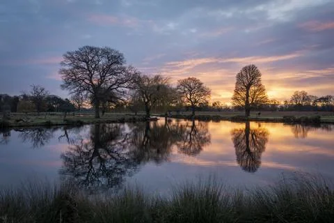 Sunrise over a lake with reflections Stock-Fotos