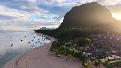Sunrise Over Le Morne Beach and Mountain with Tropical Resort, Mauritius Stock Footage 339505907