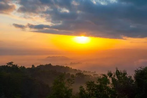 Sunrise over Merapi volcano and Borobudur temple, Indonesia Colorful sunri... Stock-Fotos