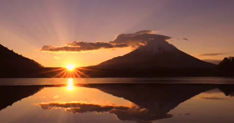 Sunrise over Mount Fuji and Rays of Light from Lake Shoji Stock Footage 332395813