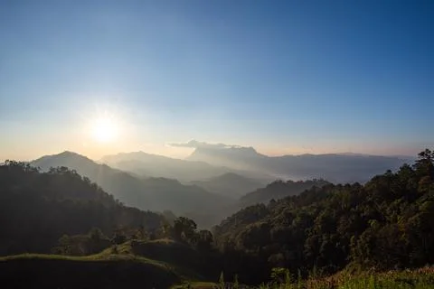Sunrise over mountain range, Hadubi viewpoint, Chiang Mai, Thailand. Stock Photos