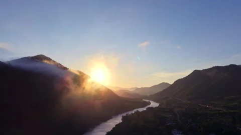 Sunrise Over Mountain Valley With River And Morning Mist In Vietnam Stock Footage 336857300