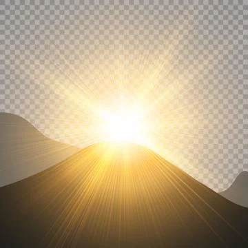 Sunrise over the mountains, dawn. Vector transparent sunlight. Special lens f Stock Illustration