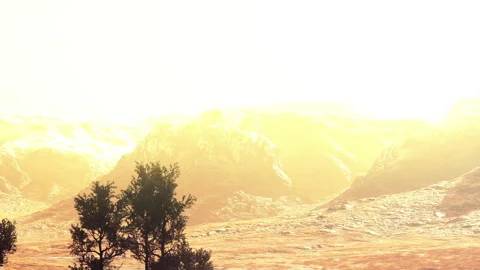 Sunrise over mountains with trees in foreground during early morning Stock Footage 344281923