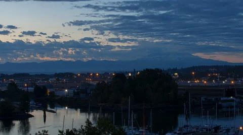 Sunrise over Mt. Rainier and Boats Stock Footage 33307959