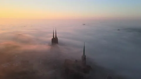 Sunrise over Ostrów Tumski covered by morning fog in Wroclaw, Poland Stock Footage 151341005