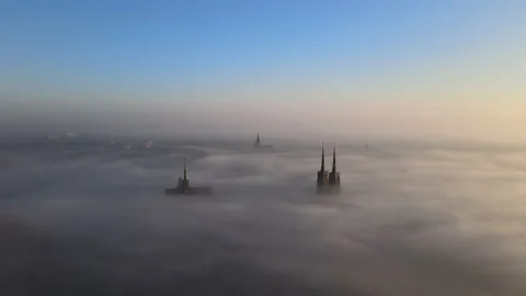 Sunrise over Ostrów Tumski covered by morning fog in Wroclaw, Poland Stock Footage 151342096