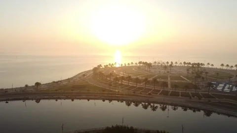Sunrise Over Palm Tree Coastline in Al Khobar Saudi Arabia Stock Footage 335545032