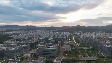 Sunrise over Pangyo Techno Valley and IT Business District in Gyeonggi Stock Footage 346475793